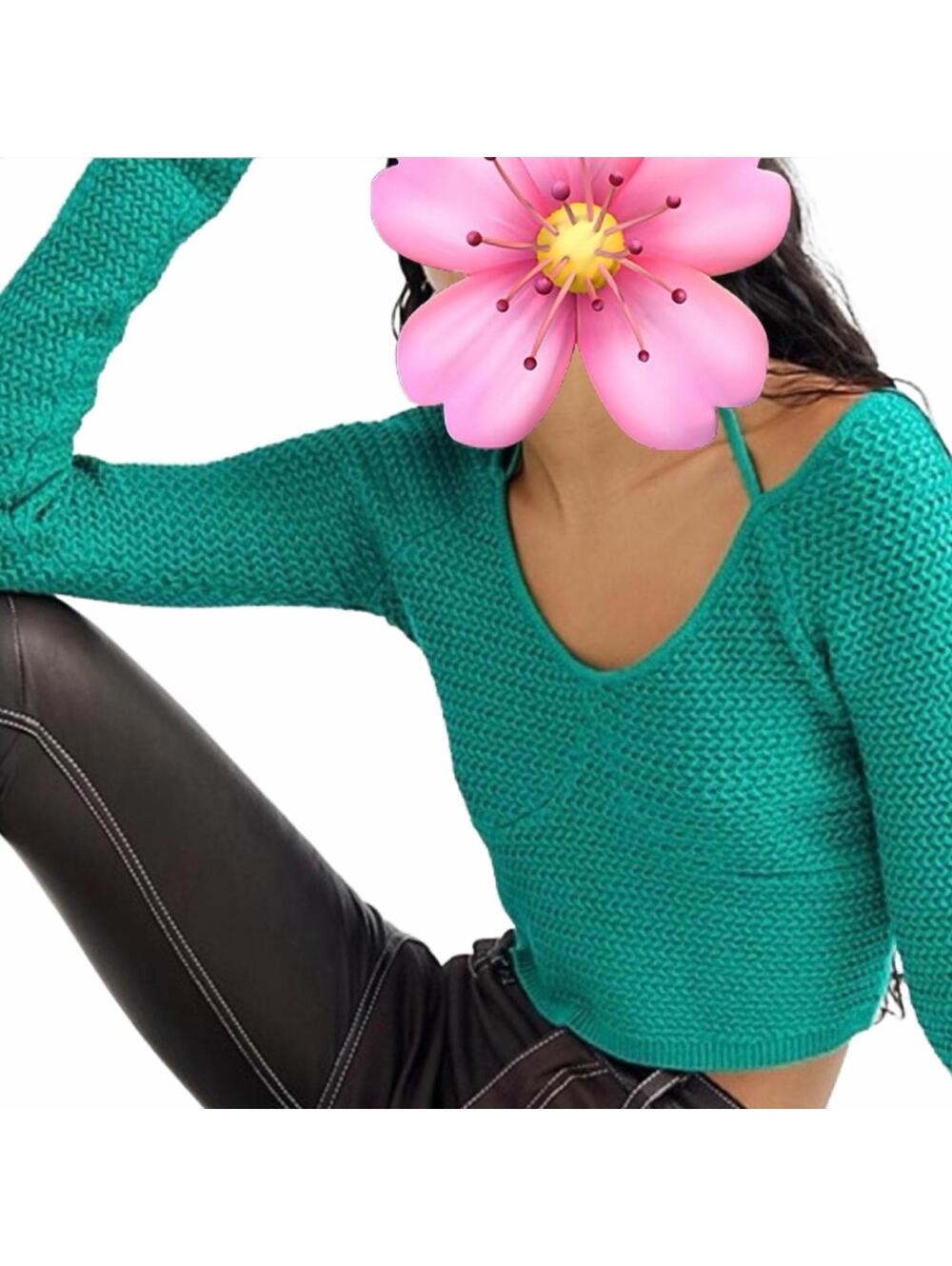 Free People Beach Crochet Cropped Long Sleeve Green Halter Sweater | Size Small